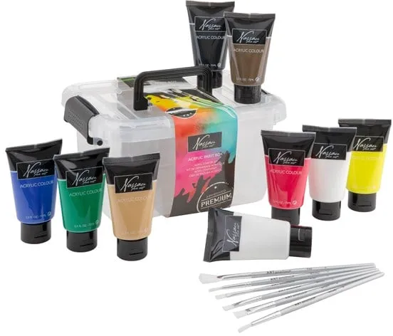 Nassau Akrylfärg, set med 9 tuber à 75 ml. inkl. 6 penslar